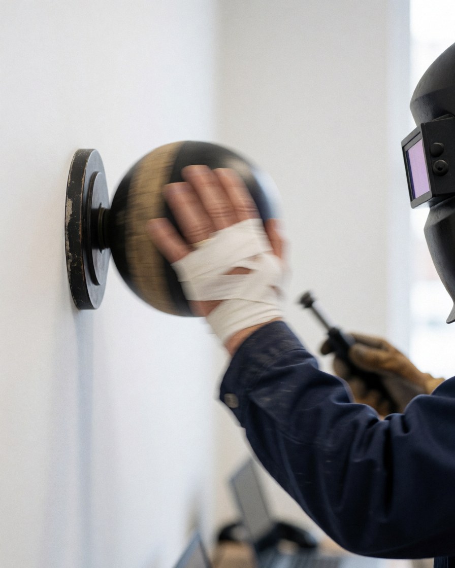 Une main bandée frappe un speedball sur un mur blanc. Équipement de boxe visible, illustrant l'entraînement sportif et le mouvement dynamique.