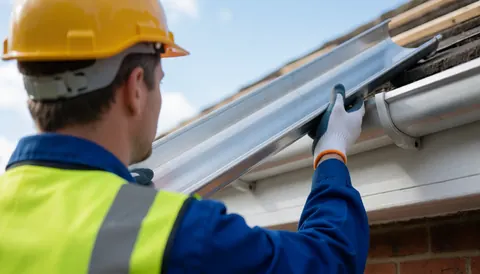 Un technicien en tenue de sécurité installe une gouttière métallique sur le bord d'un toit résidentiel.
