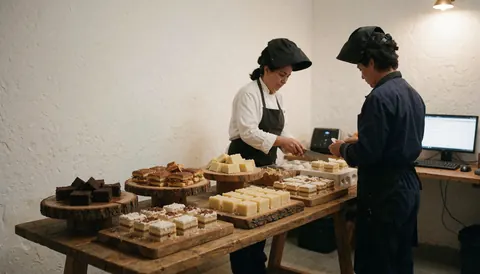 Une pâtissière coupe un gâteau avec un couteau sur une table en bois. Divers desserts sont visibles. Un client attend d'être servi dans la boutique de pâtisserie.