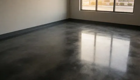 Sol en béton poli et enduit dans une pièce vide, reflétant la lumière du coucher du soleil à travers une grande fenêtre, idéal pour la peinture décorative moderne.