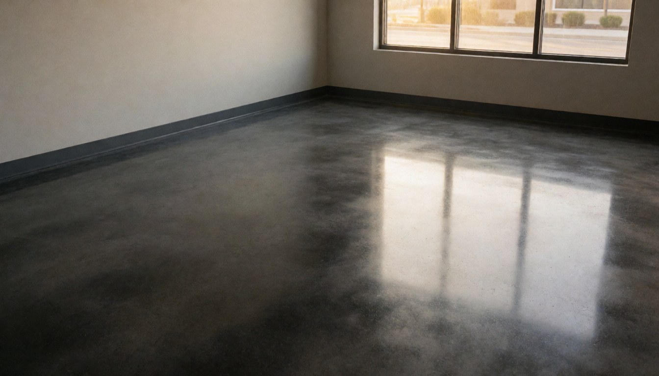 Sol en béton poli et enduit dans une pièce vide, reflétant la lumière du coucher du soleil à travers une grande fenêtre, idéal pour la peinture décorative moderne.