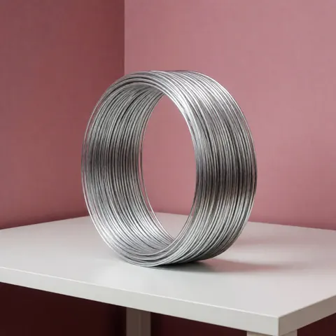 Faisceau de fils métalliques brillants posé sur une table blanche avec un fond de mur rose, produit pour photocopieurs et services de reliure.