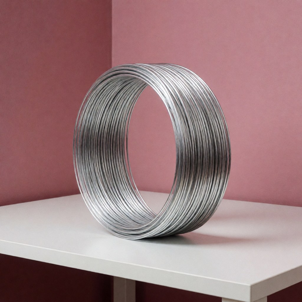 Faisceau de fils métalliques brillants posé sur une table blanche avec un fond de mur rose, produit pour photocopieurs et services de reliure.