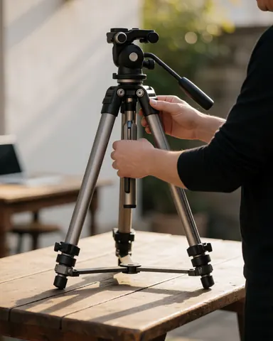 Des mains ajustent un trépied macro sur une table en bois rustique en extérieur avec une lumière douce de l'après-midi.