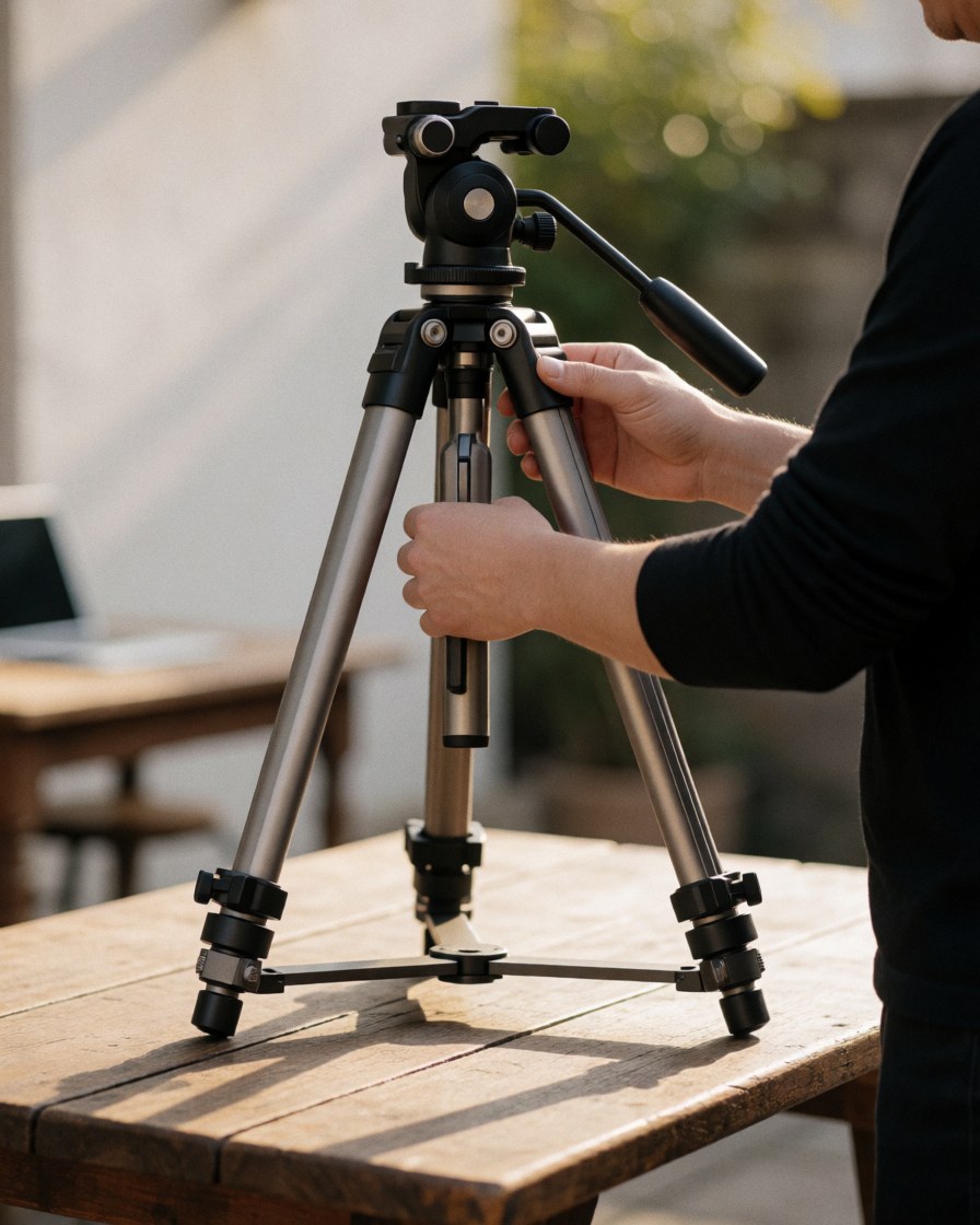Des mains ajustent un trépied macro sur une table en bois rustique en extérieur avec une lumière douce de l'après-midi.