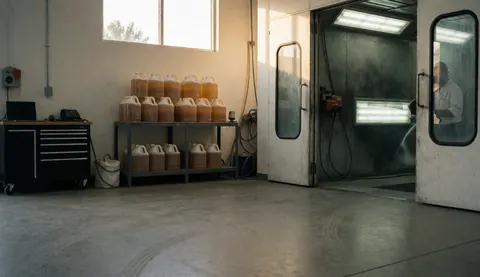 Une personne effectuant des travaux de peinture dans une cabine professionnelle, entourée de seaux de peinture sur un sol en béton poli marqué par des traces de pneus.