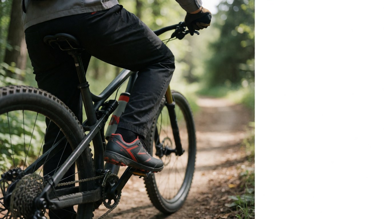 Chaussures de cyclisme avec pédales automatiques fixées sur les pédales d'un vélo de montagne sur un sentier forestier.