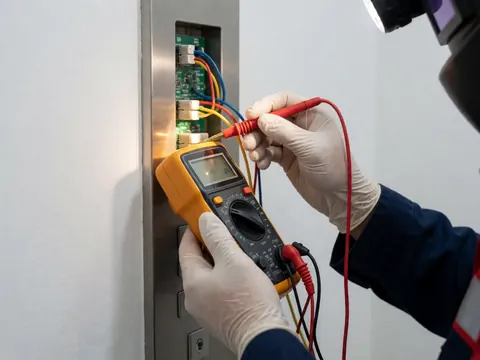 Un technicien portant des gants mesure le circuit d'un ascenseur avec un multimètre. La lumière d'un casque éclaire le panneau métallique.