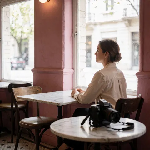 Une photographe assise à une table en marbre dans un café aux murs roses, regardant par la fenêtre avec son appareil photo professionnel.