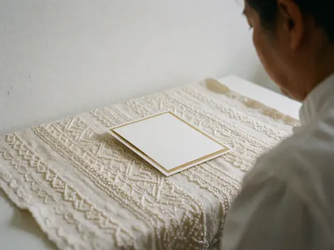 Invitation de mariage blanche aux bordures dorées posée sur un rebozo mexicain brodé, vue arrière d'une personne, fond blanc, détail textile pour photographe de mariage.