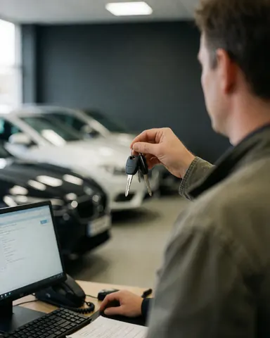 Une cliente heureuse tient les clés de sa voiture dans un showroom automobile avec un bureau et des murs gris en arrière-plan.