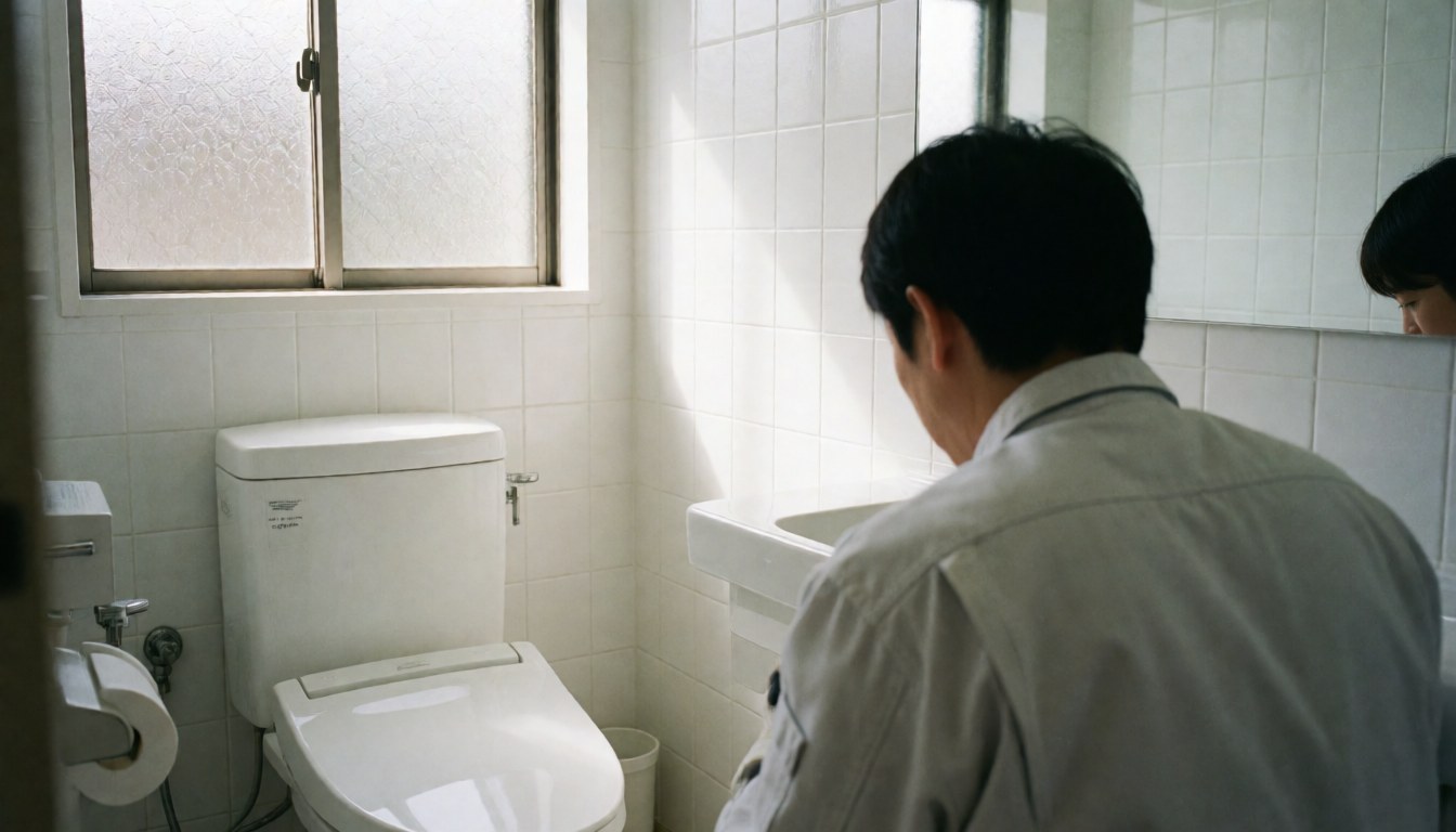 Un professionnel de la nettoyage effectue un service en action sur une cuvette de toilettes blanche dans une salle de bain lumineuse avec miroir et fenêtre.
