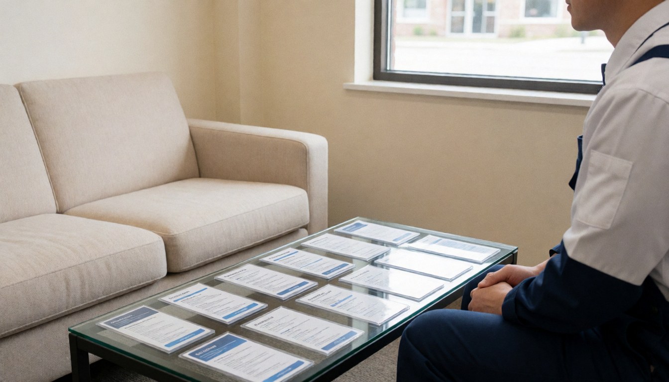 Technicien en réparation de téléphones assis dans une salle d'attente avec un canapé beige et des brochures sur une table en verre.