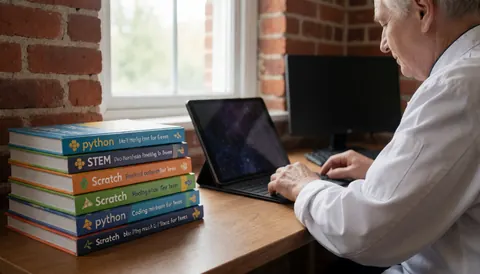 Adulte travaillant sur une tablette avec des livres Python et Scratch sur une table en bois devant un mur de briques.