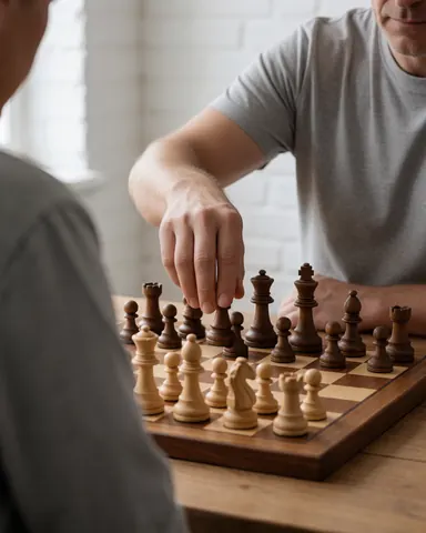 Plan rapproché d'une main déplaçant une pièce d'échecs sur un échiquier en bois foncé posé sur une table, avec un mur de briques blanches en arrière-plan.