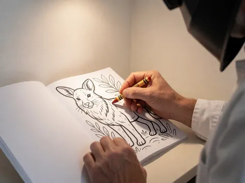 Des mains d'adulte colorient un animal dans un livre avec un crayon sur fond blanc et lumière chaude.