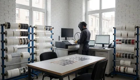 Un professionnel en casque de soudage travaille dans un bureau moderne avec des rouleaux d'étiquettes, des meubles et une lumière naturelle.