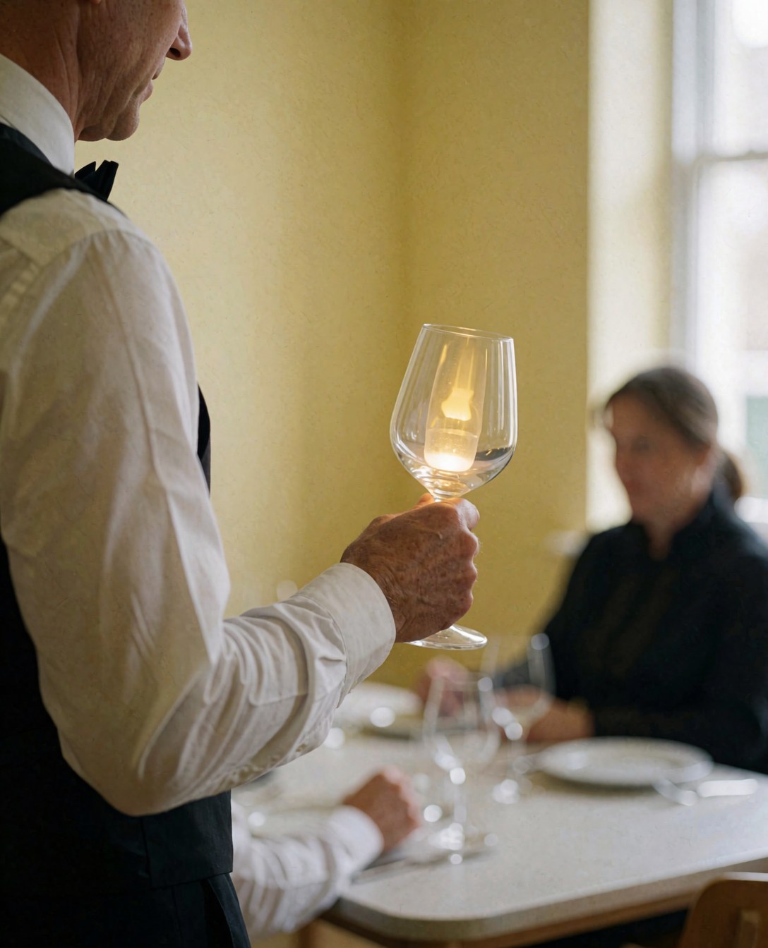 Un serveur tient un verre éclairé par des LED dans un restaurant aux murs jaunes, illustrant l'ambiance lumineuse pour des événements.