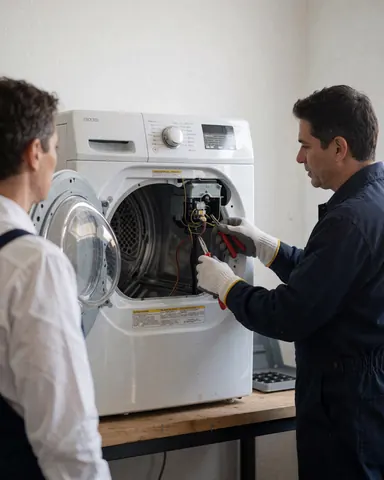 Technicien en gants répare une sécheuse ouverte pendant qu'un client observe dans un atelier aux murs blancs.