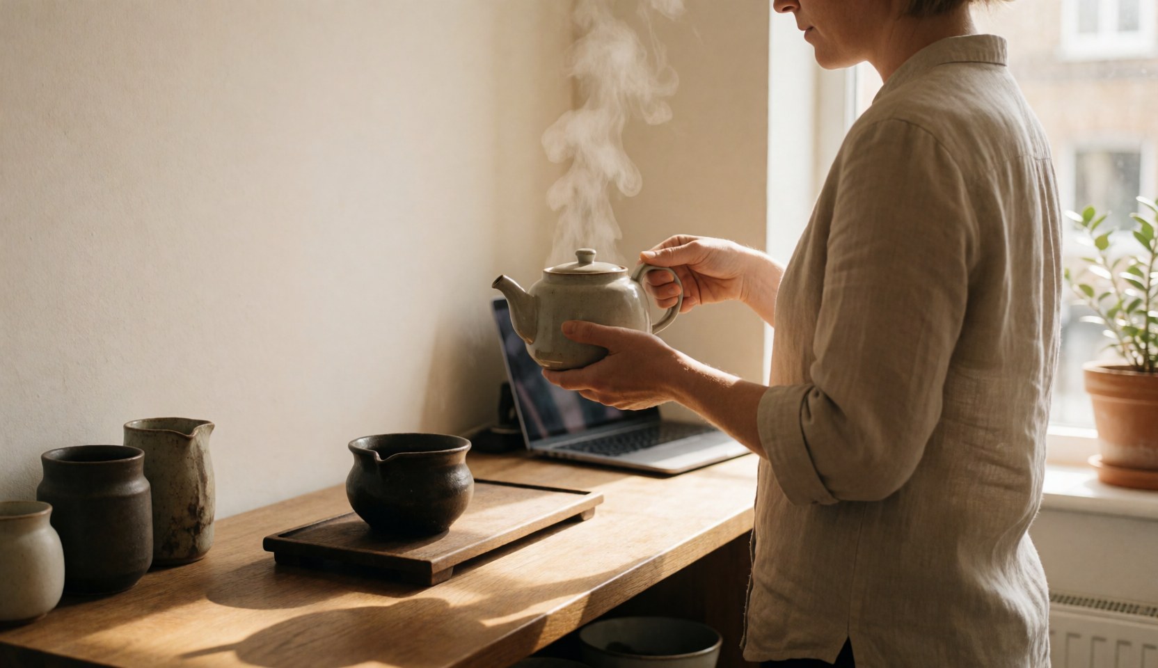 Instructrice de yoga servant du thé dans une tasse en céramique sur un comptoir en bois avec de la lumière naturelle et de la vapeur visible.