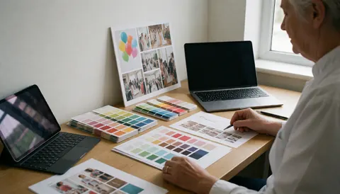 Un décorateur d'événements analyse des palettes de couleurs et un tableau d'émotions sur son bureau en bois, éclairé par la lumière naturelle.