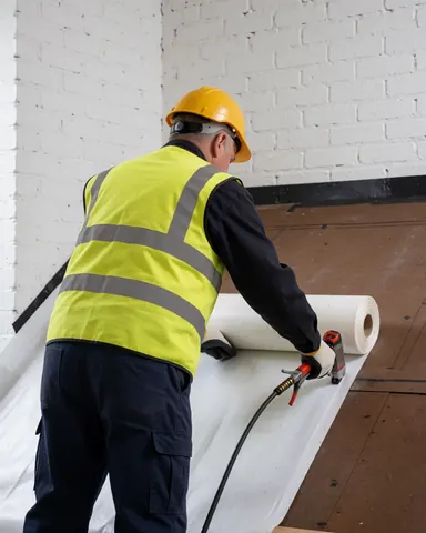 Un ouvrier en gilet jaune et casque installe un revêtement blanc d'étanchéité sur une charpente en bois près d'un mur en briques blanches.