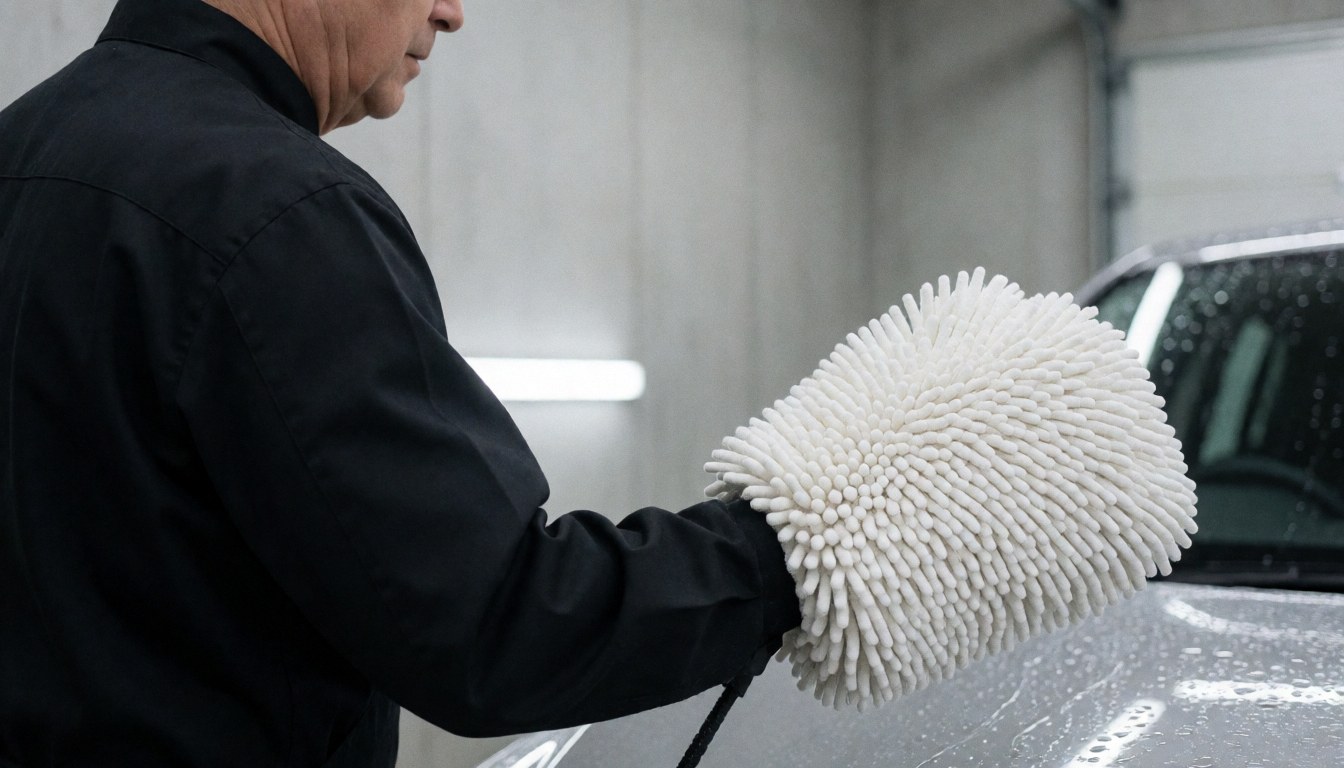 Proche d'une microfibre blanche propre sur une carrosserie de voiture dans un atelier au sol en béton, illustrant un service de lavage professionnel en cours.