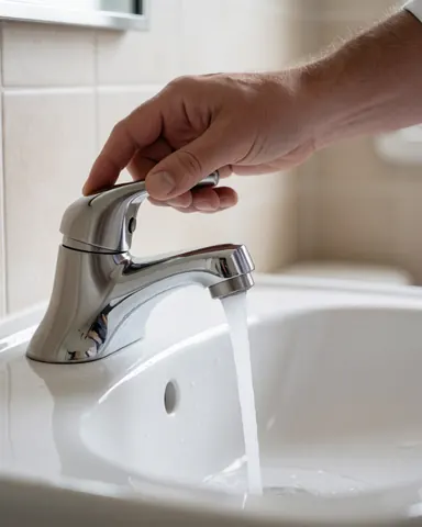 Main d'un client ajustant un robinet chromé sur un plan de travail blanc avec de l'eau qui coule, carrelage beige en arrière-plan, idéal pour les plombiers.