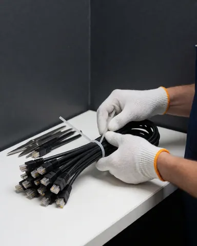 Mains portant des gants blancs manipulant des câbles Ethernet sur une surface blanche avec des murs gris et des outils de câblage pour l'installation de caméras de sécurité.