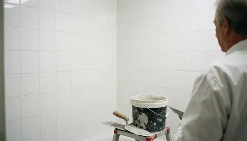 Un professionnel pose des carreaux blancs dans une salle de bains en utilisant une truelle et un seau de ciment posé sur une échelle.