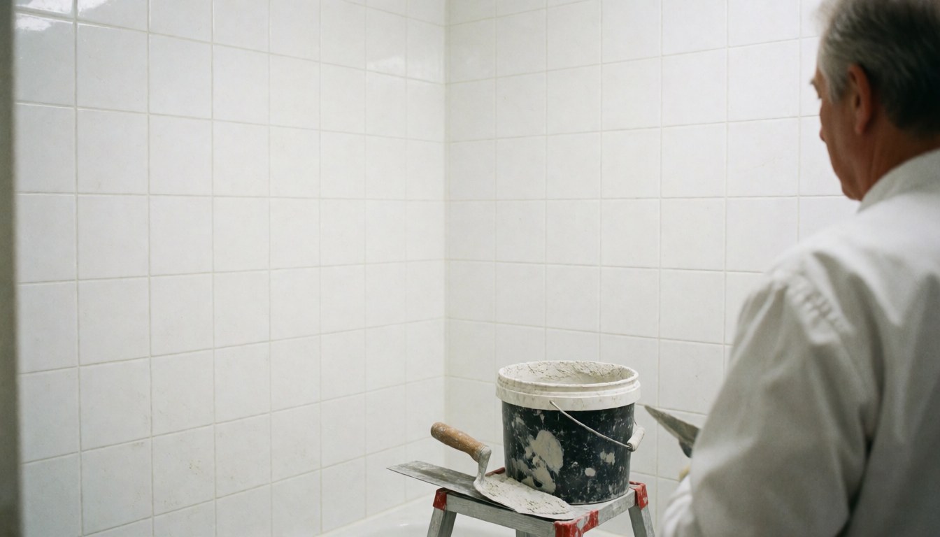 Un professionnel pose des carreaux blancs dans une salle de bains en utilisant une truelle et un seau de ciment posé sur une échelle.