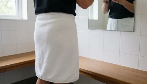 Un homme adulte tient une serviette blanche devant un miroir dans un vestiaire lumineux aux murs blancs et au banc en bois.