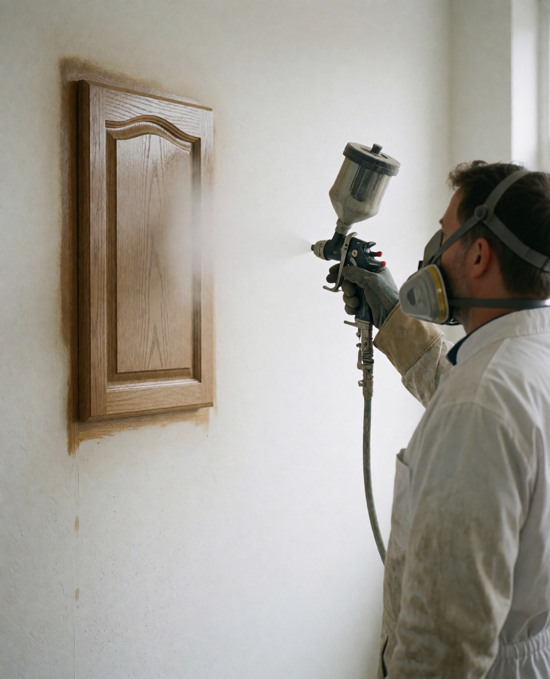 Un homme en tenue de protection et masque applique de la peinture sur une porte en bois avec un pistolet à peinture.