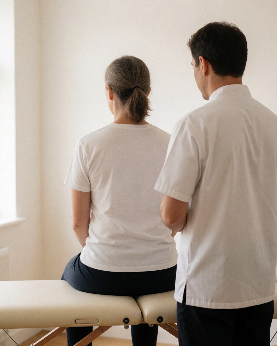 Un thérapeute en physiothérapie examine la posture d'une cliente assise sur une table de massage dans une clinique lumineuse.