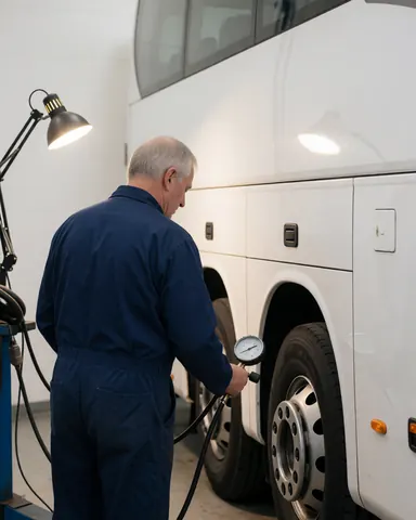 Mécanicien en uniforme bleu examine la pression des pneus d'un autobus blanc dans un atelier éclairé par une lampe de travail.