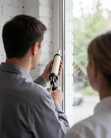 Un technicien applique du mastic sur le cadre d'une fenêtre pendant qu'un client observe la scène dans un intérieur lumineux.
