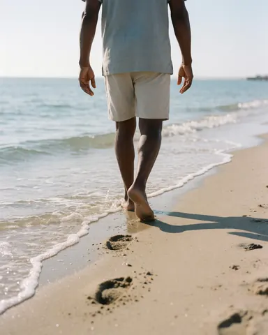 Une personne marche pieds nus sur le bord de la mer laissant des empreintes dans le sable humide sous un ciel dégagé, idéal pour un resort touristique.