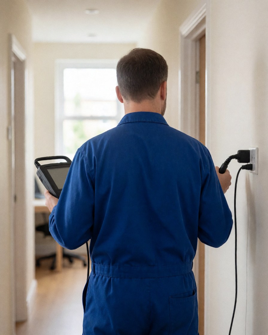 Technicien en uniforme bleu effectuant une lecture sur une prise murale avec un appareil de diagnostic dans un couloir éclairé par la lumière naturelle.