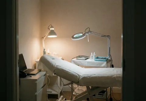 Loupe posée sur une table de traitement hydraulique dans une clinique spécialisée dans le soin de l'acné, avec des murs beige, un environnement propre et professionnel.