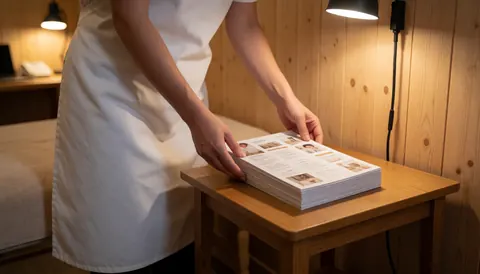 Un professionnel en tablier blanc place des brochures sur une table en bois dans une salle de massage aux murs en bois et à l'éclairage chaleureux.