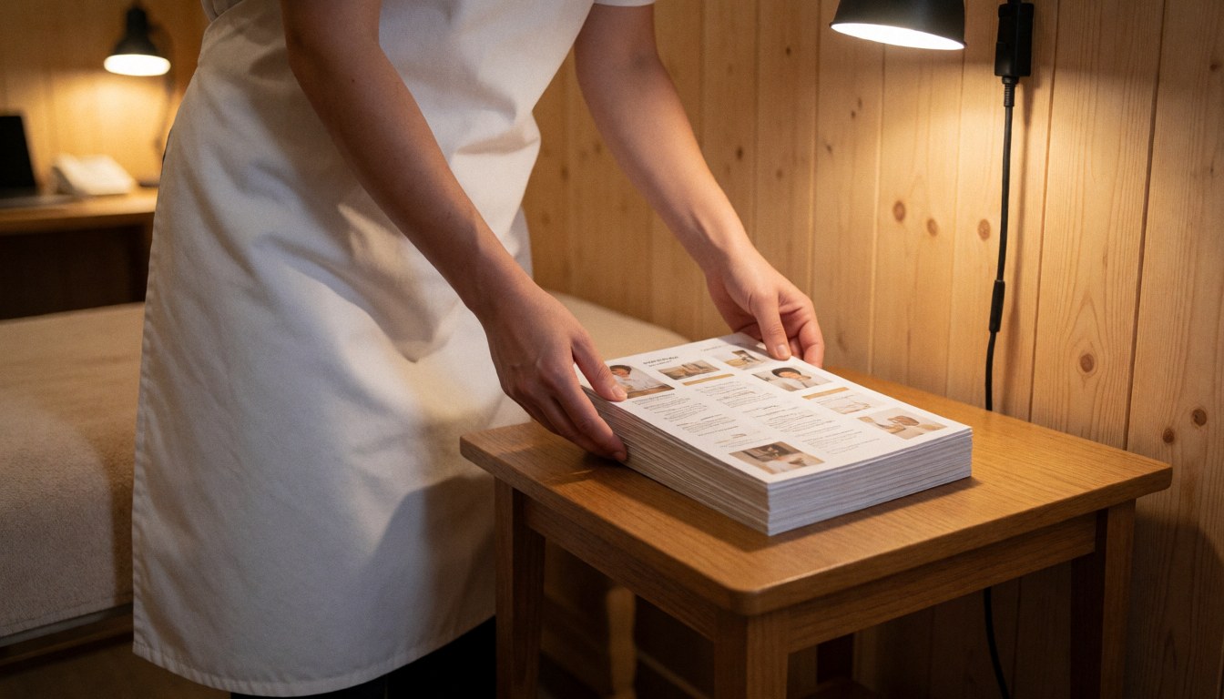 Un professionnel en tablier blanc place des brochures sur une table en bois dans une salle de massage aux murs en bois et à l'éclairage chaleureux.