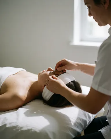 Thérapeute effectuant un massage facial au gua sha en bois sur un client portant un bandeau blanc dans un spa baigné de lumière naturelle.