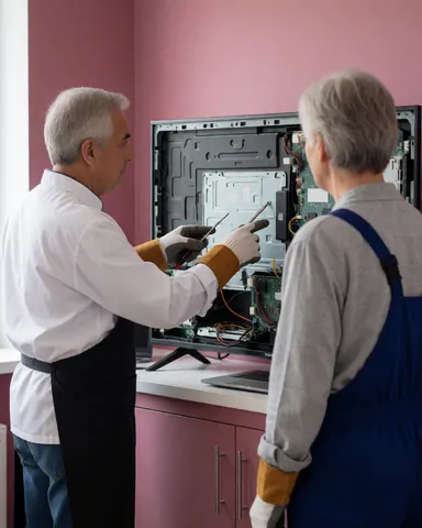 Un technicien montre les composants internes d'un téléviseur réparé à un client dans un environnement professionnel avec des murs roses.