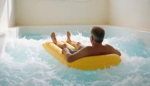 Un homme âgé profite d'une piscine à vagues avec des vagues blanches et un gonflable jaune, des murs blancs et de l'eau bleue.