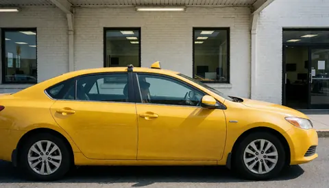Un taxi jaune est garé devant un bâtiment avec des fenêtres, idéal pour illustrer un service de taxis sur un site web.