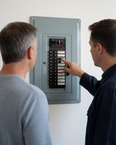 Un électricien professionnel montre un tableau de circuits à un client dans un garage, sa main indiquant un interrupteur sur un mur blanc, scène informative et sécurisée.