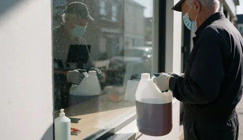 Un ouvrier portant un masque et des gants nettoie une vitre sale avec un grand seau de solution sous un soleil intense, scène de nettoyage commercial.