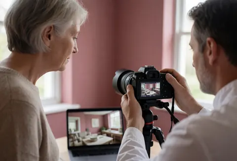 Photographe macro ajustant son objectif pendant qu'un client examine l'image sur l'écran de l'appareil photo dans un intérieur avec des murs roses et une lumière naturelle.