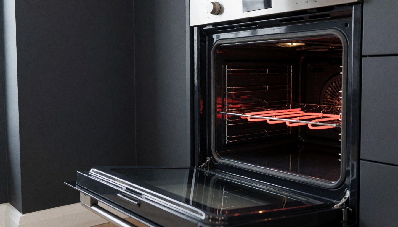 Four de cuisine avec élément chauffant allumé, porte ouverte, parois gris anthracite, intérieur propre et lumineux, idéal pour la réparation d'appareils électroménagers.
