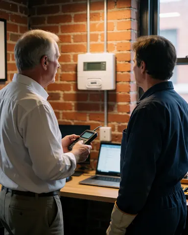 Un technicien de sécurité teste le système avec un client, panneau d'alarme monté sur un mur en briques, éclairage chaleureux et professionnel.